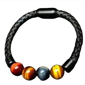 COPY - BLACK BRAIDED LEATHER TIGER EYE  BRACELET.